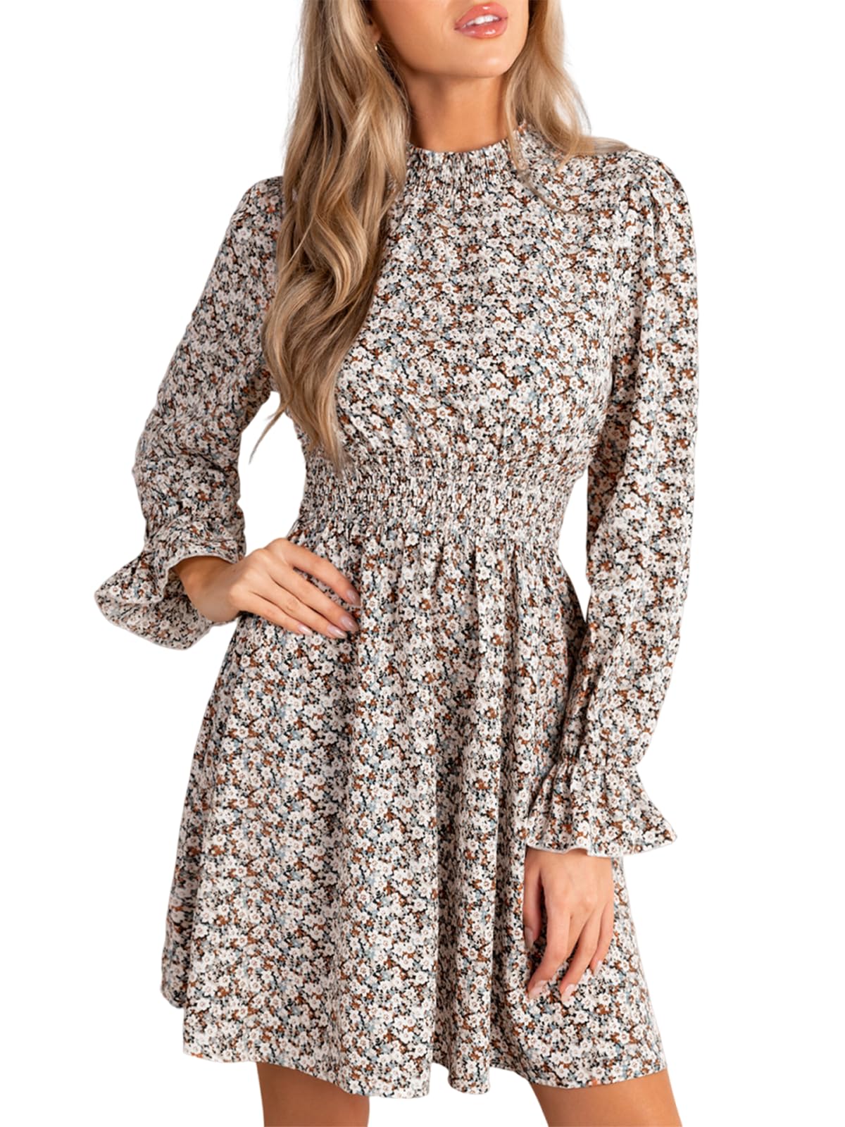 CUPSHE Women Mock Neck Floral Smocked Waist Mini Dress