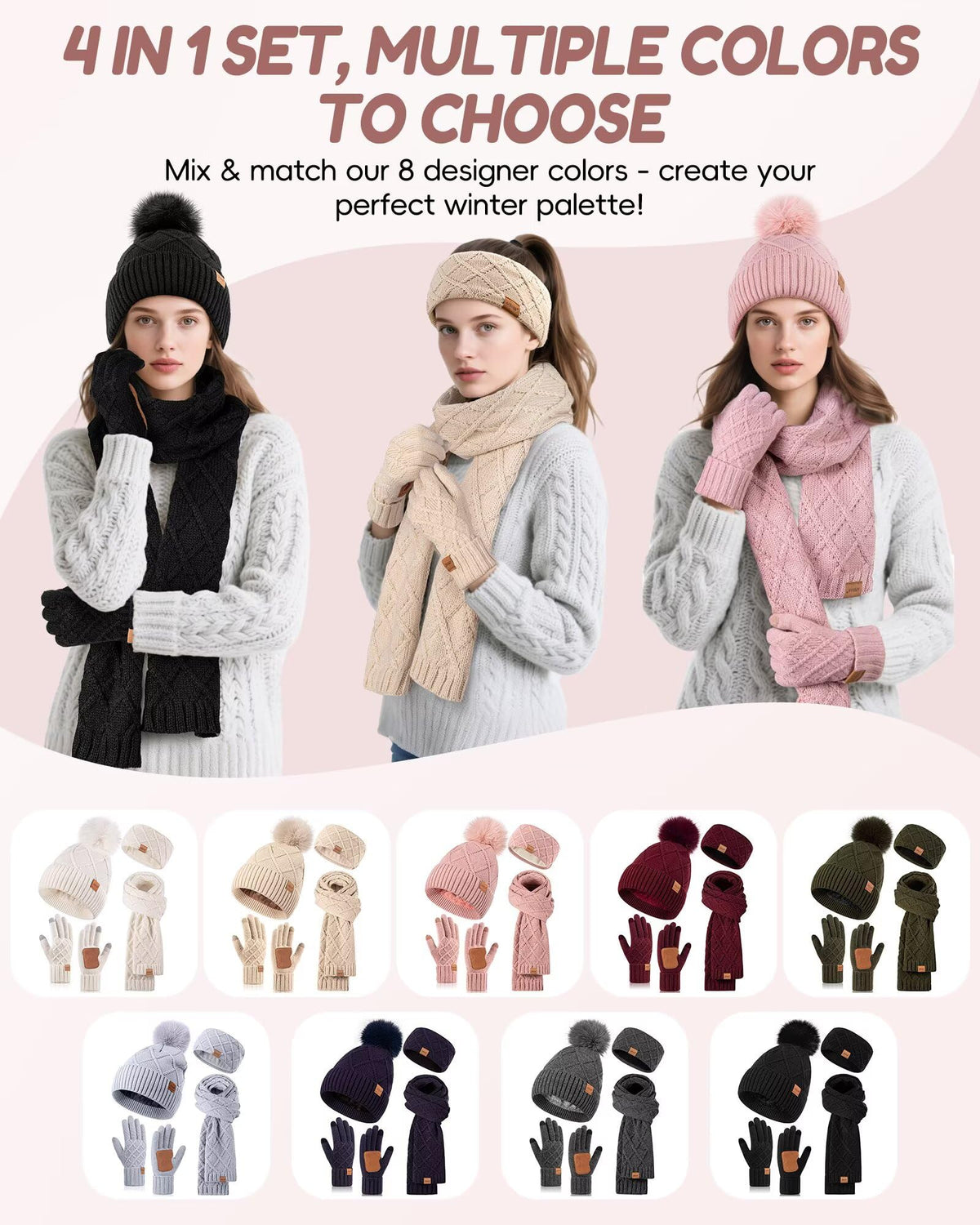 Womens Winter Hat Gloves Scarf Headband Set, Pom Pom Beanie Long Scarf Touchscreen Gloves Ear Warmer, 4 in 1 Warm Gift Set