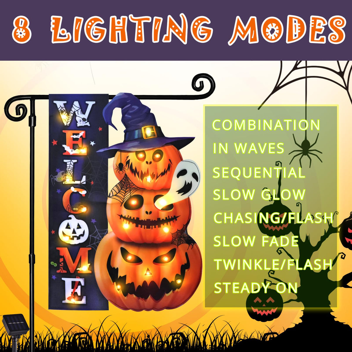 Halloween Lighted Garden Flag for Outside, LED Solar Yard Flag 8 Modes Witch Feet Shape Flag, 28x40 Double Sided Cauldron Eyeball Black Cat Decorations for Home Porch