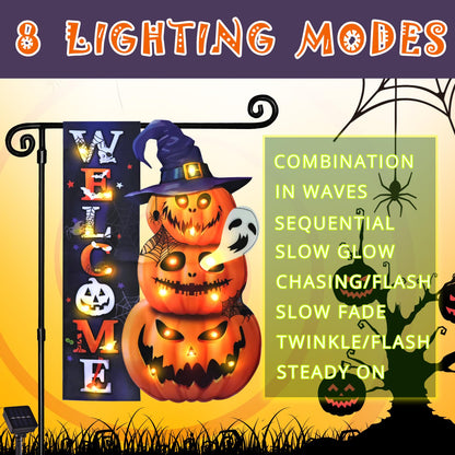 Halloween Lighted Garden Flag for Outside, LED Solar Yard Flag 8 Modes Witch Feet Shape Flag, 28x40 Double Sided Cauldron Eyeball Black Cat Decorations for Home Porch