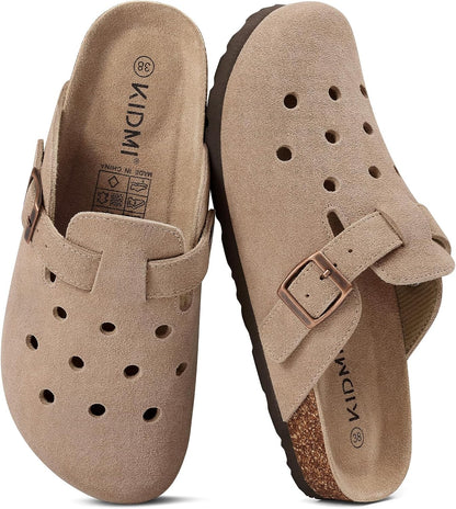 KIDMI Genuine Suede Clogs for Women Men Cork Footbed Mules Potato Shoes