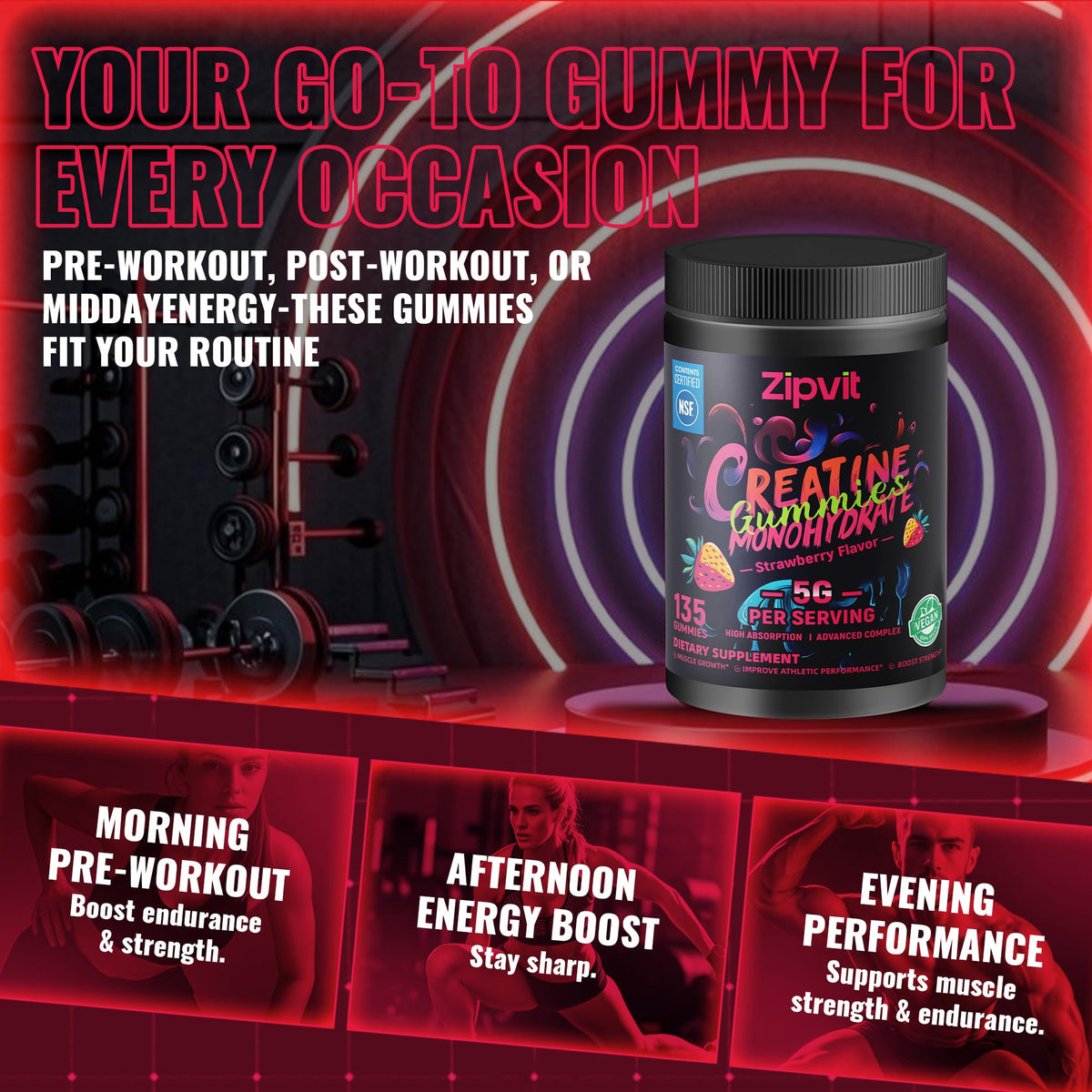 Creatine Monohydrate Gummies, Nsf Certified Creatine Gummy, 5g Dose for Men & Women to Support Muscle, Strength, Recovery, Cognitive Health & Memory, Pineapple Flavor, 135 Gummies