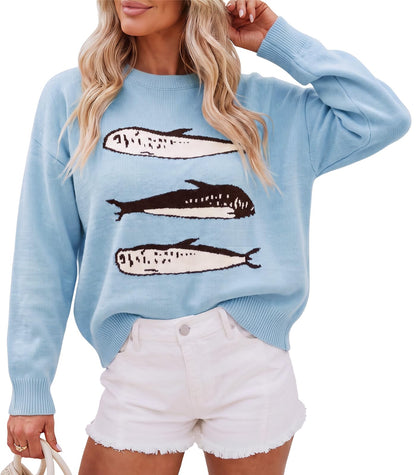 Cicy Bell Womens Graphic Sweaters Lightweight Knit Crewneck Pullover