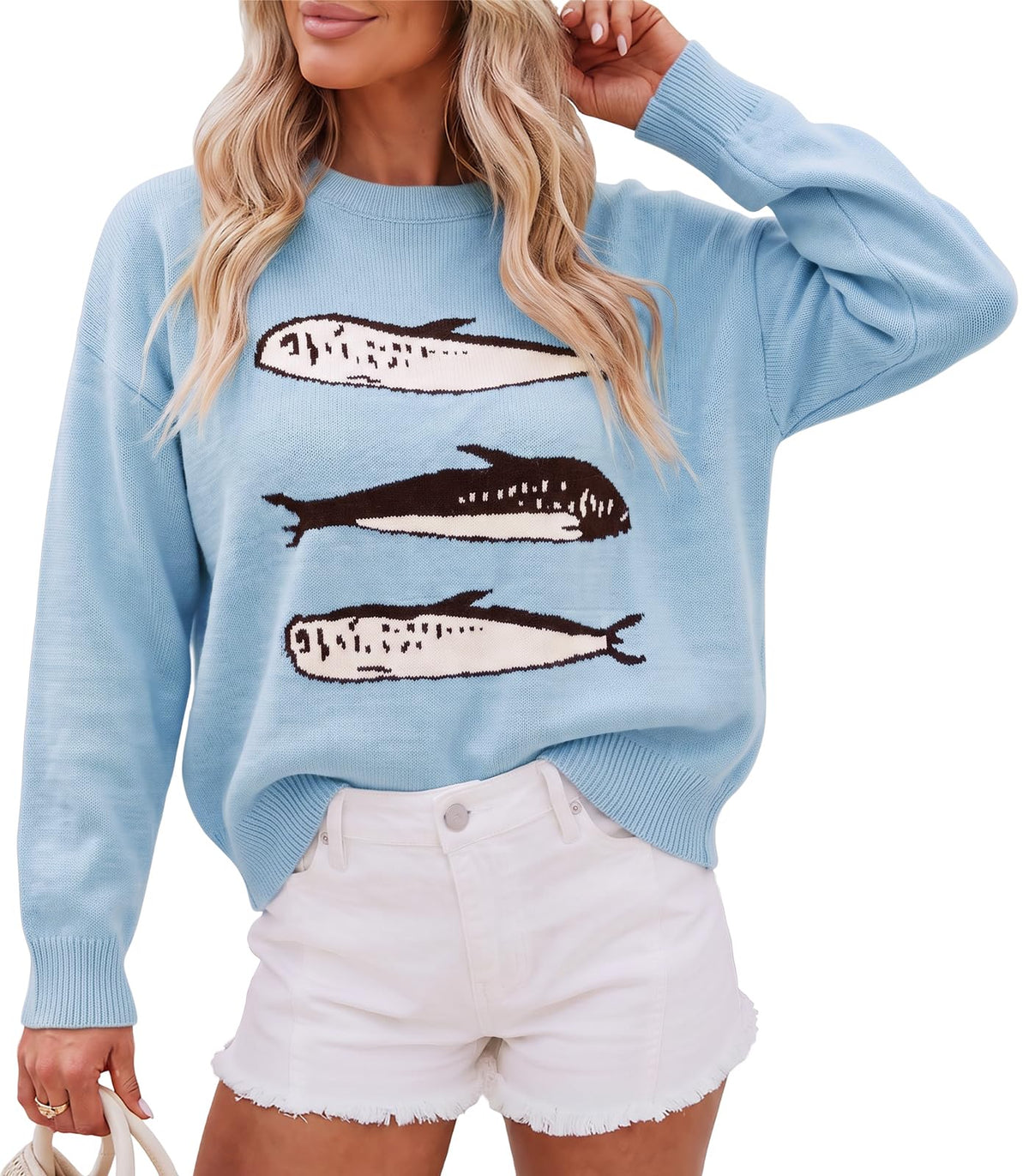 Cicy Bell Womens Graphic Sweaters Lightweight Knit Crewneck Pullover