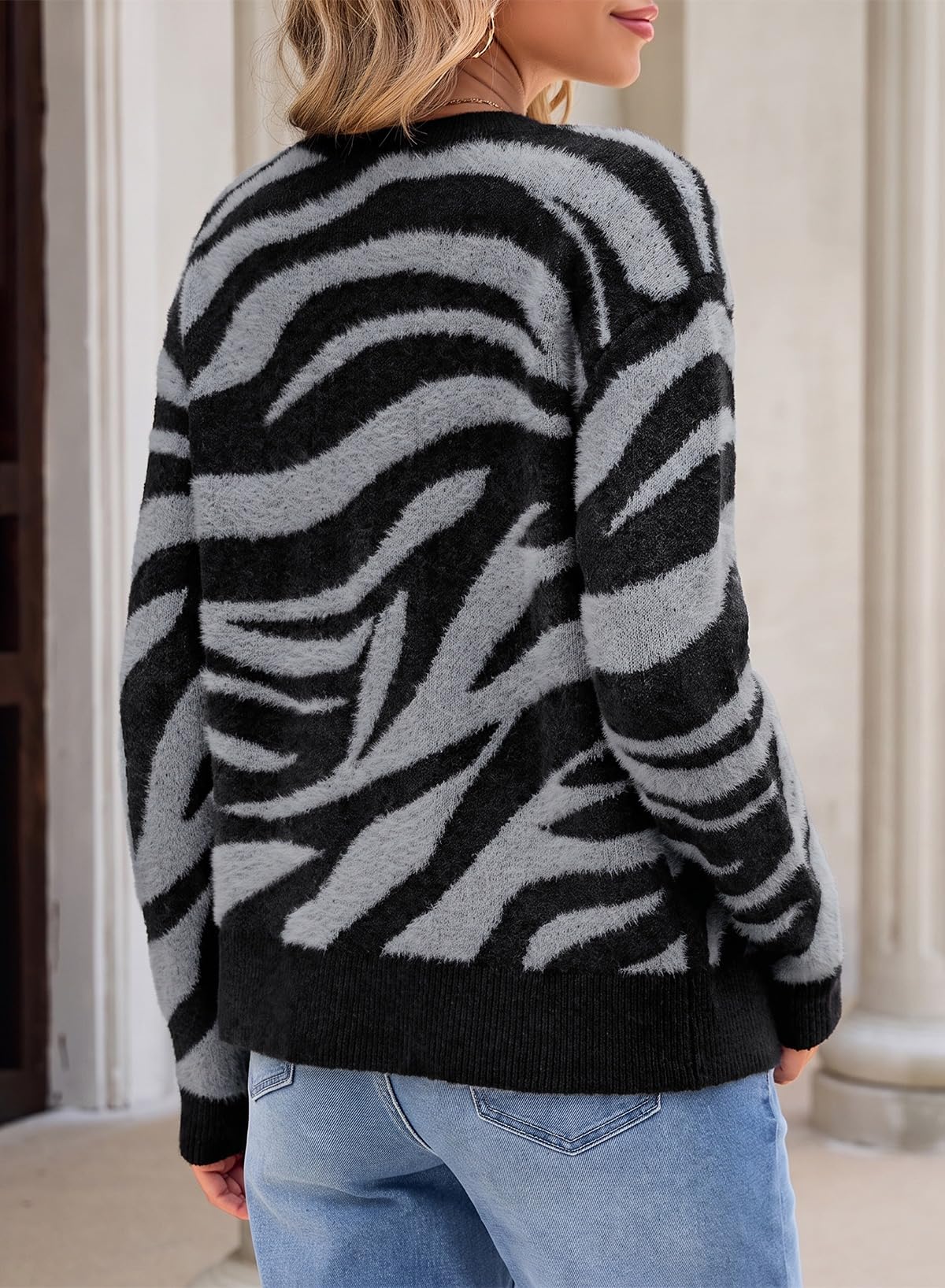 Sidefeel Women's Long Sleeve Crewneck Animal Print Cardigan Sweater