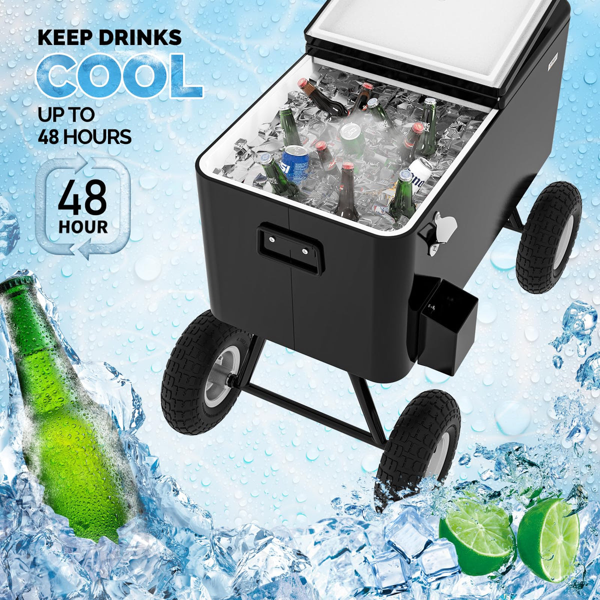 Vingli 80 Quart Wagon Rolling Cooler Ice Chest, W/Long Handle and 10" Wheels