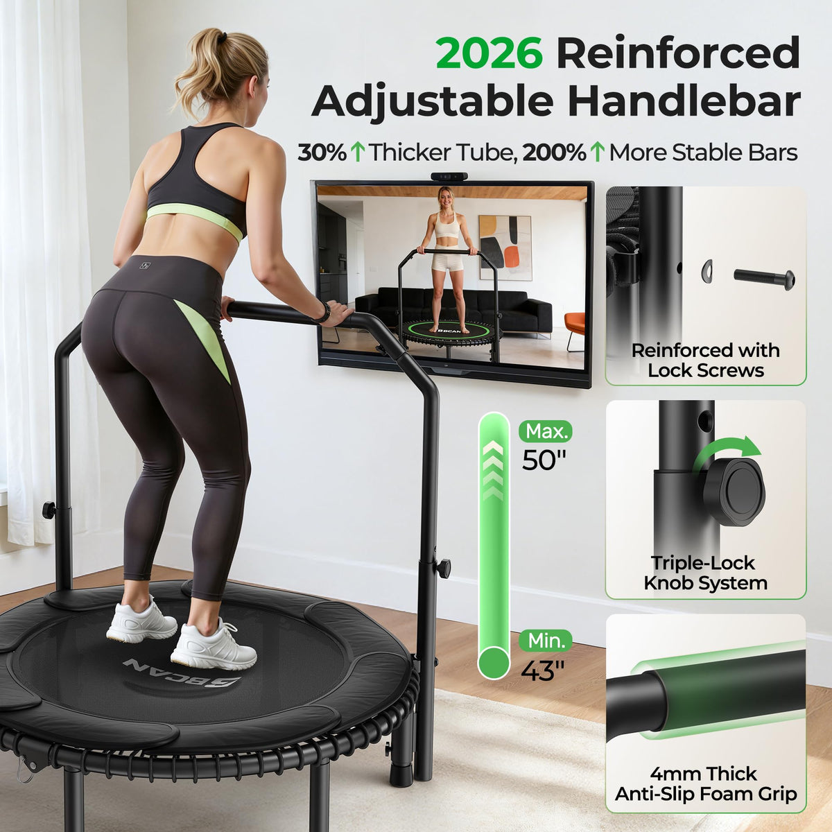 Bcan BT2 450/550LBS Mini Rebounder Trampoline for Adults with Bar, Fitness Trampoline with Bungees, Adjustable Handle, Stable & Quiet, Indoor Outdoor, Whole-Body Workout - 40IN/48IN | Fed Fitness