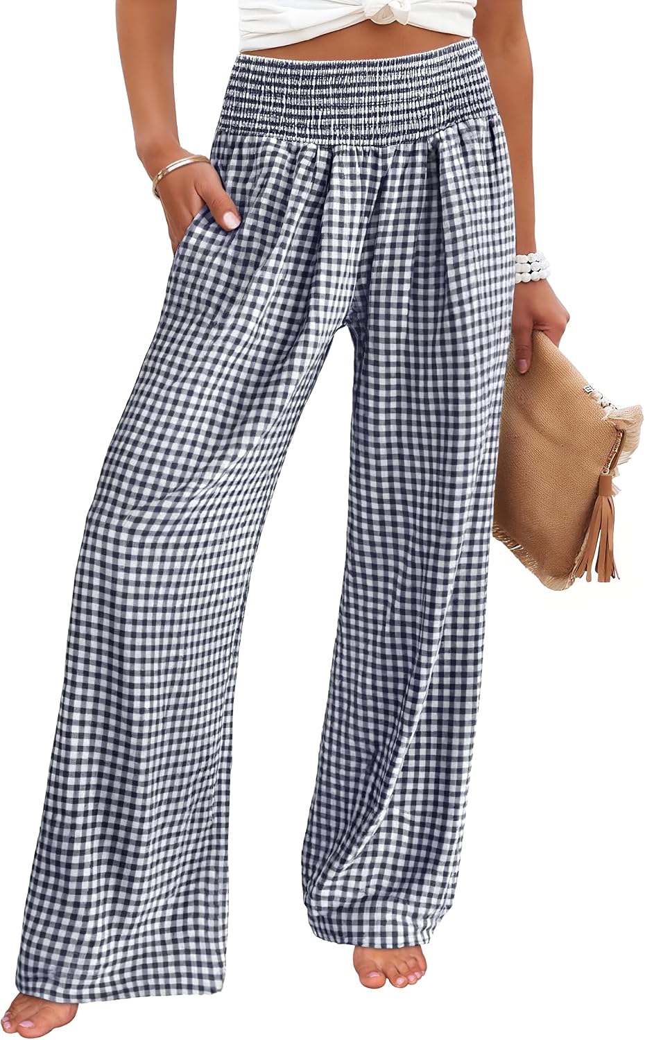ANRABESS Womens Striped Gingham Wide Leg Palazzo Pants with Pockets