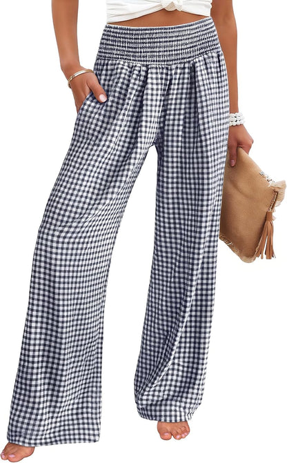 ANRABESS Womens Striped Gingham Wide Leg Palazzo Pants with Pockets
