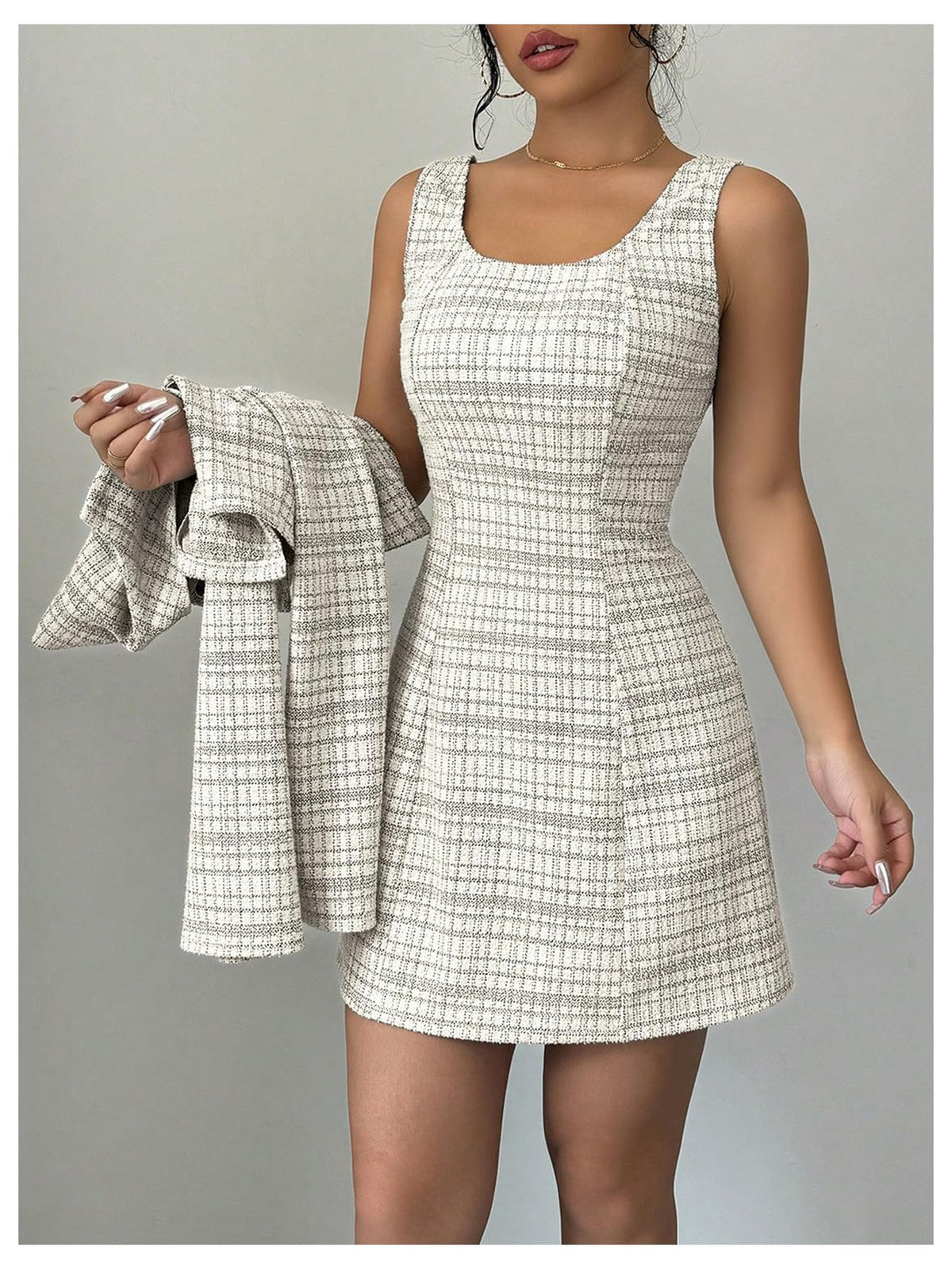 SOLY HUX Women's 2 Piece Plaid Long Sleeve Button Cropped Jacket Dress Set