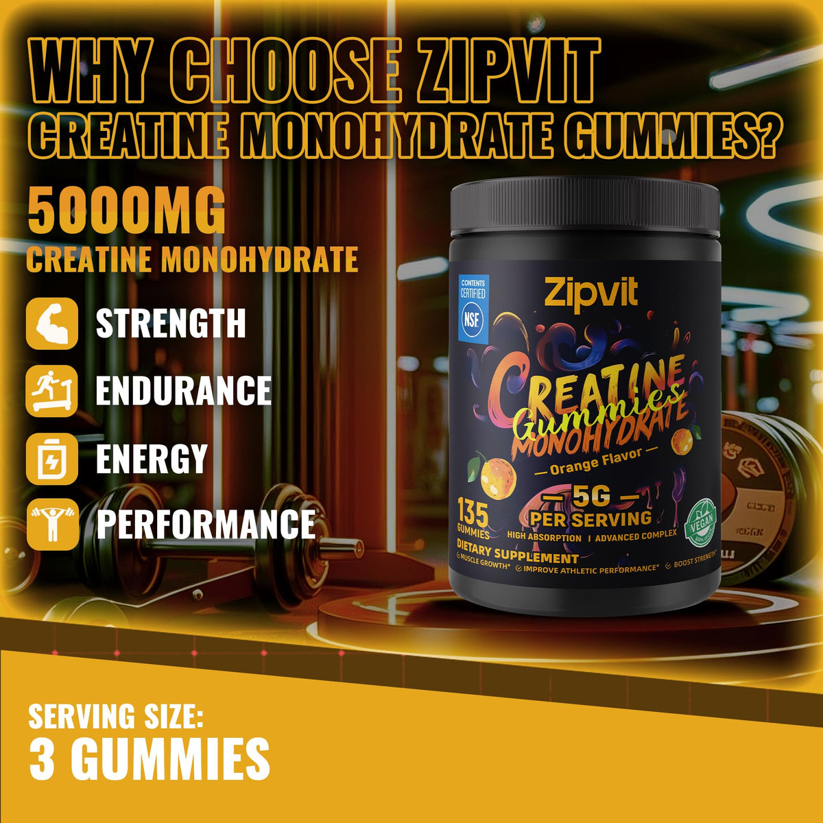 Creatine Monohydrate Gummies, Nsf Certified Creatine Gummy, 5g Dose for Men & Women to Support Muscle, Strength, Recovery, Cognitive Health & Memory, Pineapple Flavor, 135 Gummies
