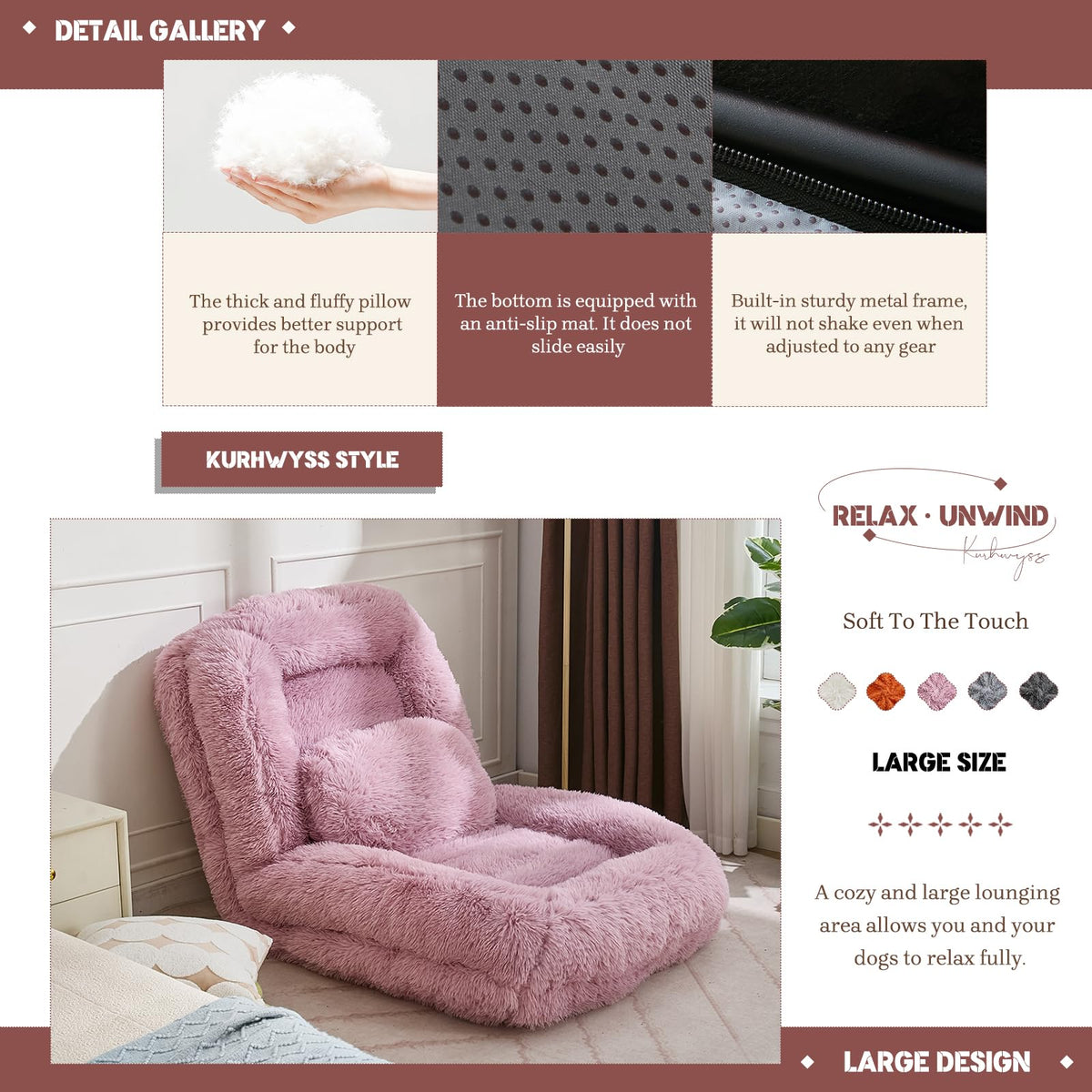Upholstered Convertible Lounge Chair with 2 Soft Pillows