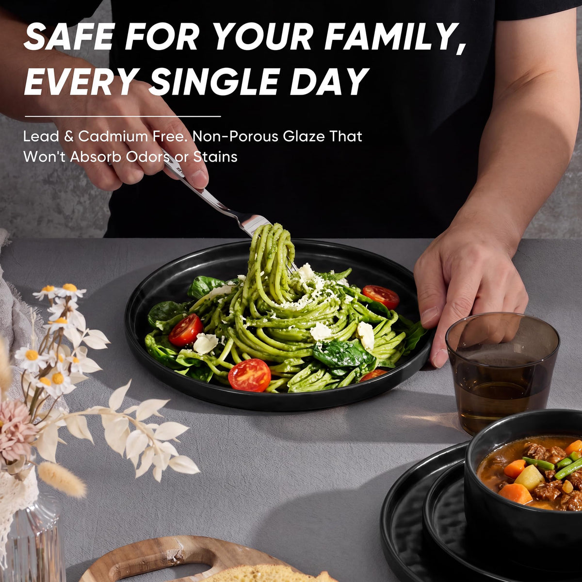 E-far Stoneware Dinnerware Set, 16-Piece Plates and Bowls Sets for 4