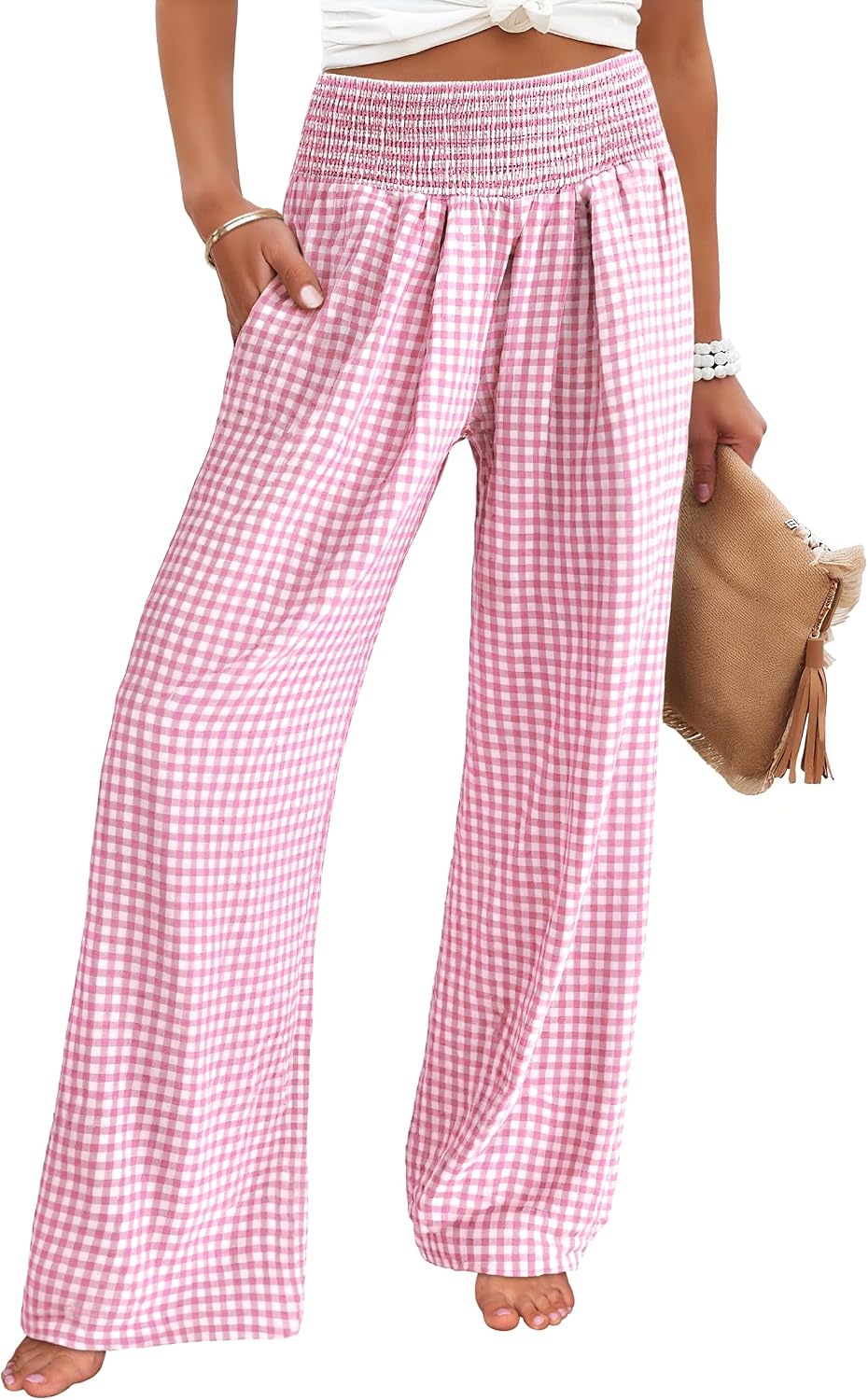 ANRABESS Womens Striped Gingham Wide Leg Palazzo Pants with Pockets