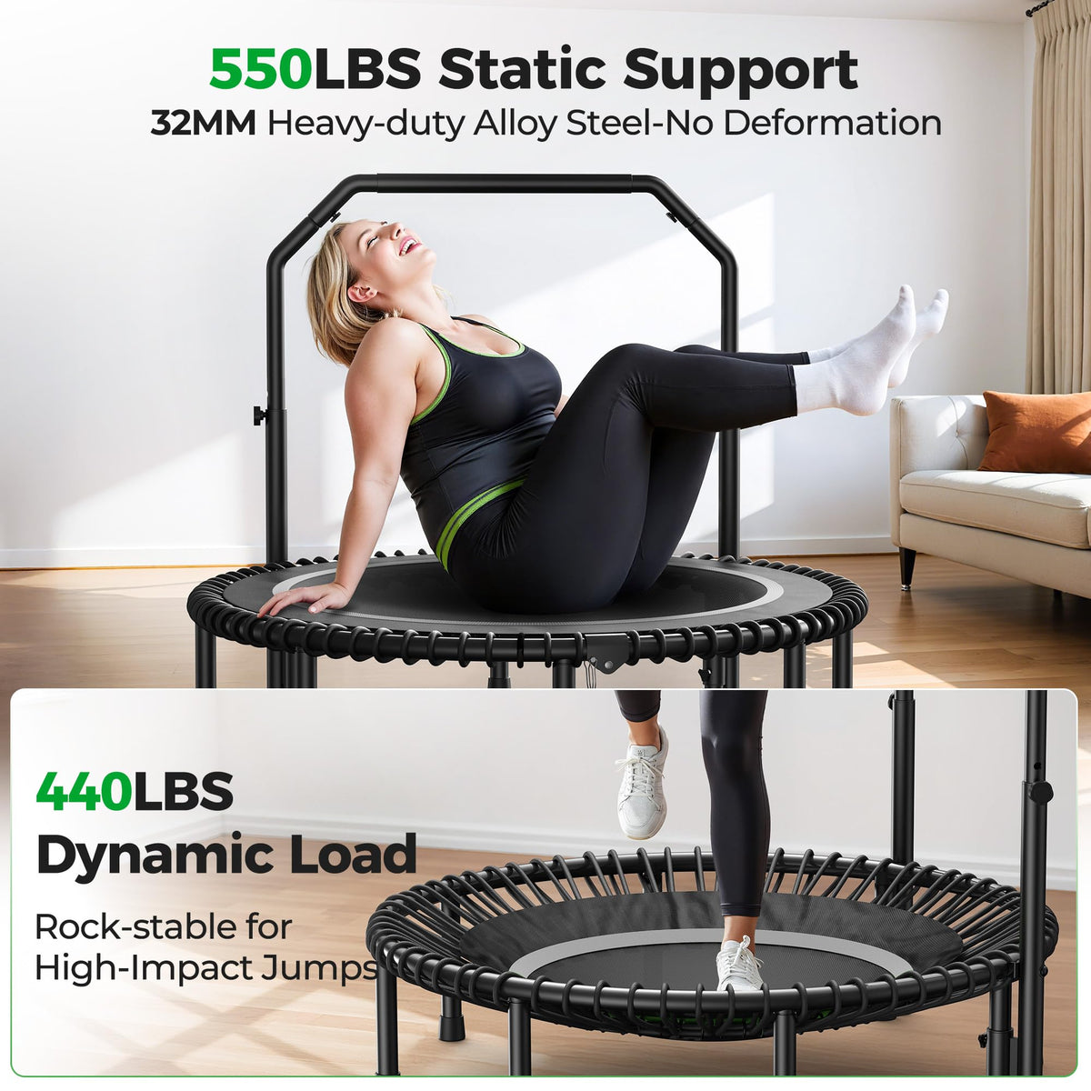 Bcan BT2 450/550LBS Mini Rebounder Trampoline for Adults with Bar, Fitness Trampoline with Bungees, Adjustable Handle, Stable & Quiet, Indoor Outdoor, Whole-Body Workout - 40IN/48IN | Fed Fitness