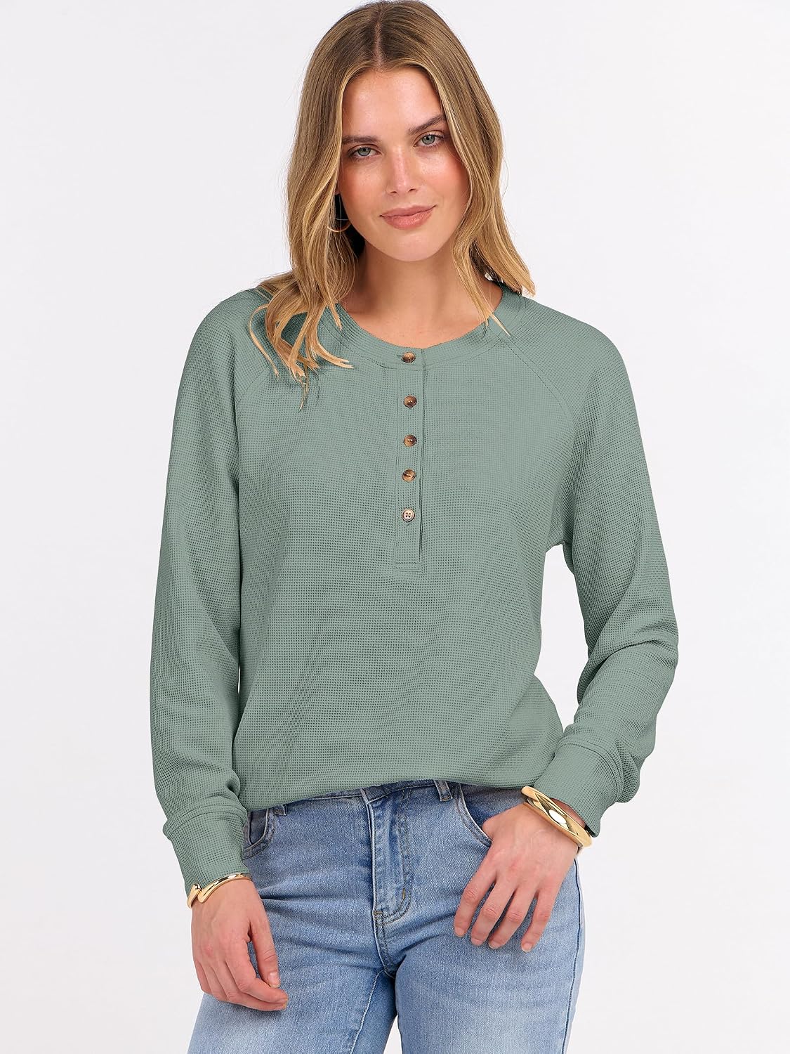 ANRABESS Women's Waffle Knit Henley Top Long Sleeve Shirts