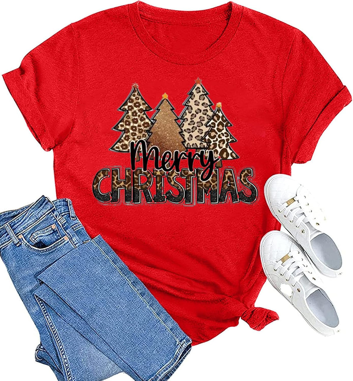 hcihgzr Christmas Shirts for Women Merry and Bright Christmas Shirt Xmas Tree Graphic Holiday T-Shirt Tops