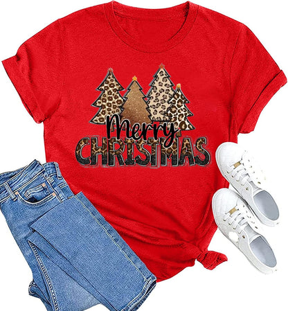 hcihgzr Christmas Shirts for Women Merry and Bright Christmas Shirt Xmas Tree Graphic Holiday T-Shirt Tops