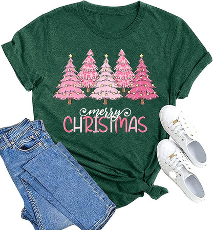 hcihgzr Christmas Shirts for Women Merry and Bright Christmas Shirt Xmas Tree Graphic Holiday T-Shirt Tops