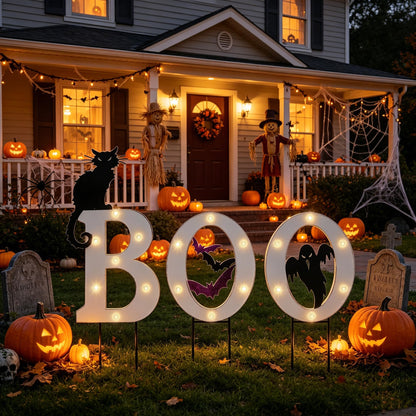 Prsildan 3 Pack Halloween Decorations Outdoor Solar Lighted Boo Yard Sign | Waterproof Metal Lawn Stakes, Solar-Powered, Bats, Cat & Ghost, for Front Yard, Porch, Garden, Spooky Halloween Party Decor