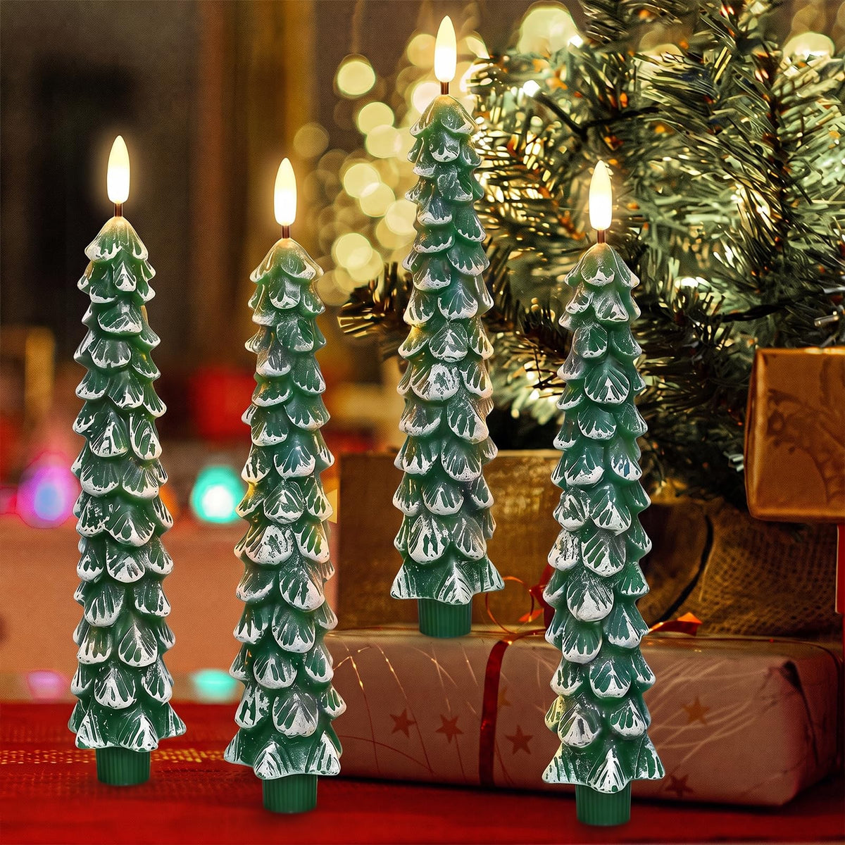 Green Christmas Tree Flameless Taper Candles Battery Operated Remote Timer