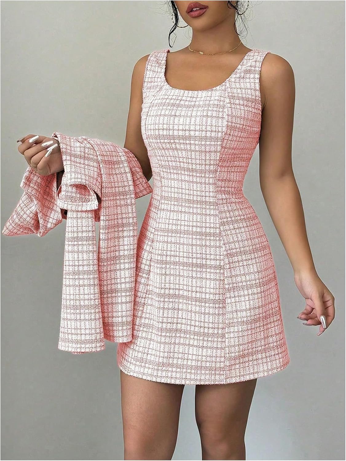 SOLY HUX Women's 2 Piece Plaid Long Sleeve Button Cropped Jacket Dress Set
