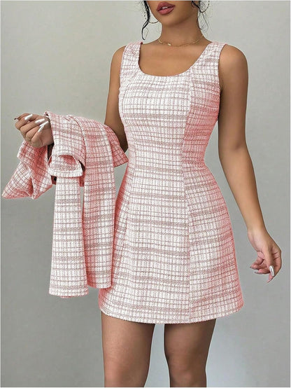 SOLY HUX Women's 2 Piece Plaid Long Sleeve Button Cropped Jacket Dress Set