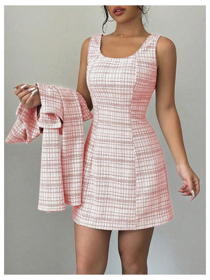 SOLY HUX Women's 2 Piece Plaid Long Sleeve Button Cropped Jacket Dress Set