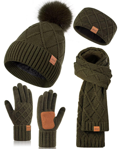 Womens Winter Hat Gloves Scarf Headband Set, Pom Pom Beanie Long Scarf Touchscreen Gloves Ear Warmer, 4 in 1 Warm Gift Set