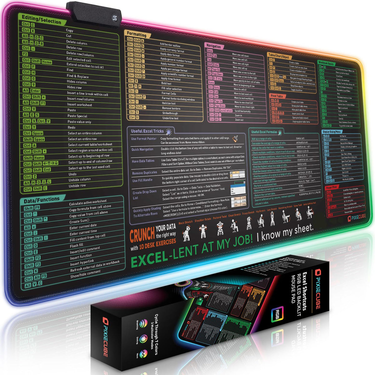 Pixiecube Excel Cheat Sheet Desk Pad | Excel Shortcut Keys Mouse Pad | Extended Large XL Gaming Mousepad | Pc Office Spreadsheet Keyboard Mat | Non-Slip Stitched Edge