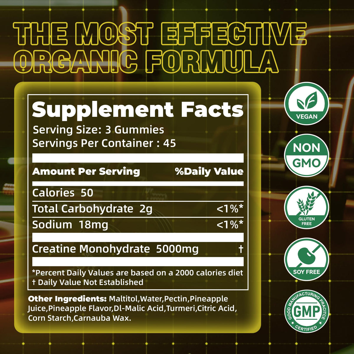 Creatine Monohydrate Gummies, Nsf Certified Creatine Gummy, 5g Dose for Men & Women to Support Muscle, Strength, Recovery, Cognitive Health & Memory, Pineapple Flavor, 135 Gummies