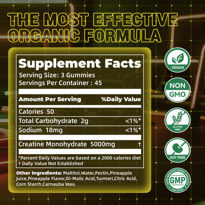 Creatine Monohydrate Gummies, Nsf Certified Creatine Gummy, 5g Dose for Men & Women to Support Muscle, Strength, Recovery, Cognitive Health & Memory, Pineapple Flavor, 135 Gummies