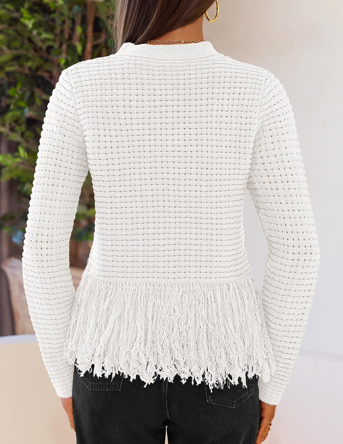 MEROKEETY Women's Fall Fashion Crochet Fringe Sweater Tops Boho Pullover