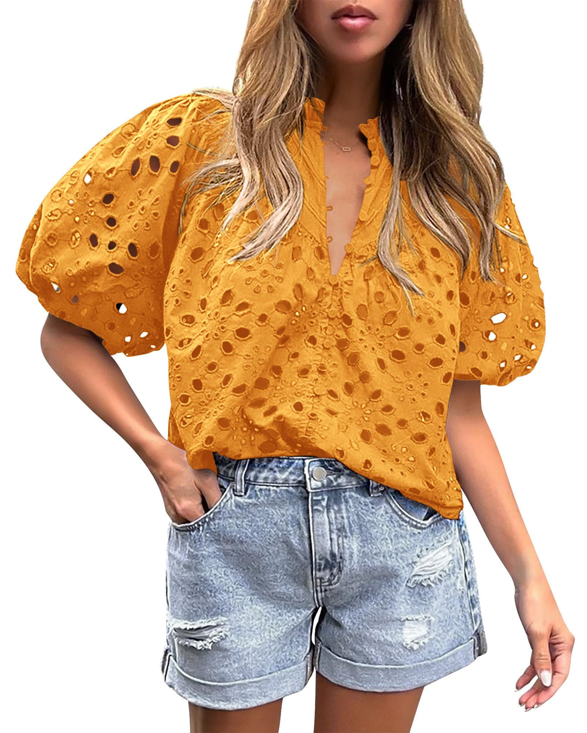 PRETTYGARDEN Womens Tops Boho Eyelet Puff Sleeve Blouse