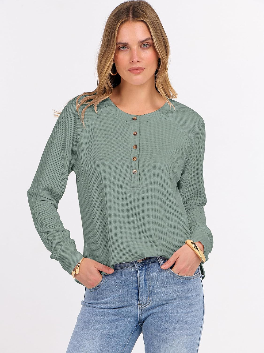 ANRABESS Women's Waffle Knit Henley Top Long Sleeve Shirts