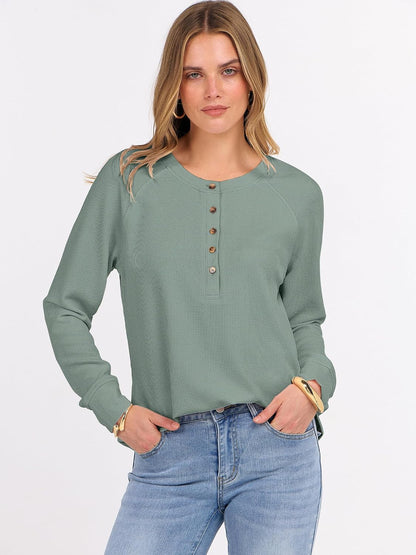 ANRABESS Women's Waffle Knit Henley Top Long Sleeve Shirts