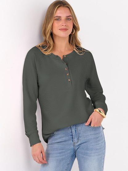 ANRABESS Women's Waffle Knit Henley Top Long Sleeve Shirts