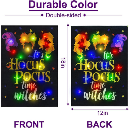Halloween Lighted Garden Flag for Outside, LED Solar Yard Flag 8 Modes Witch Feet Shape Flag, 28x40 Double Sided Cauldron Eyeball Black Cat Decorations for Home Porch