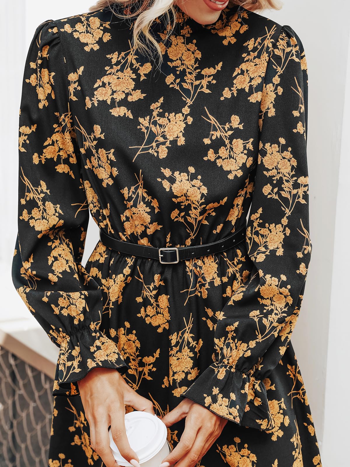 CUPSHE Women Mock Neck Floral Smocked Waist Mini Dress