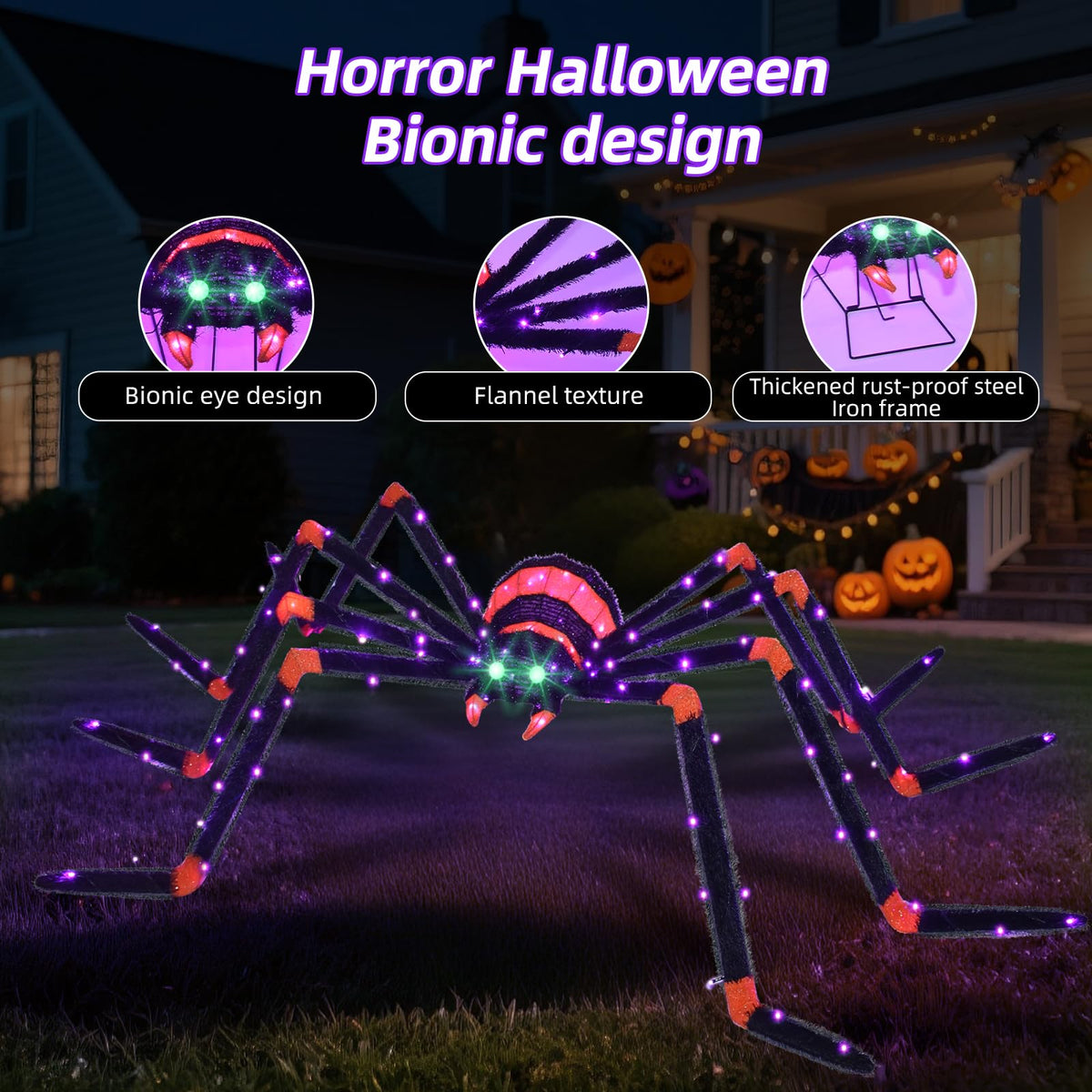 Halloween Decorations Outside Giant Spider - Hoyechi Outdoor Halloween Decor Lighted Spider 4.2Ft, Light Up Spider with 90 LED Lights, Ground Stakes, for Front Yard Porch Gardens Lawns Party