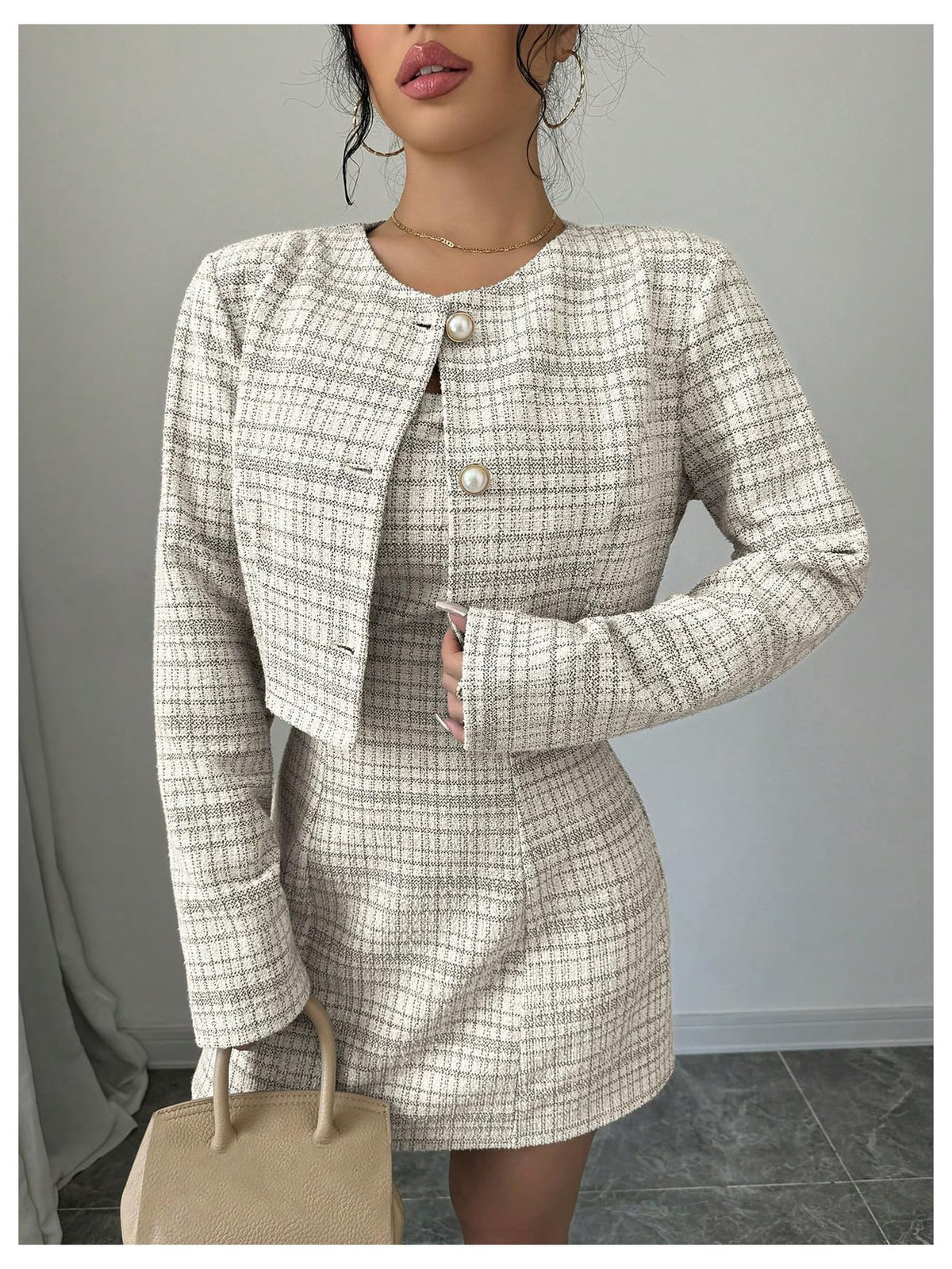SOLY HUX Women's 2 Piece Plaid Long Sleeve Button Cropped Jacket Dress Set