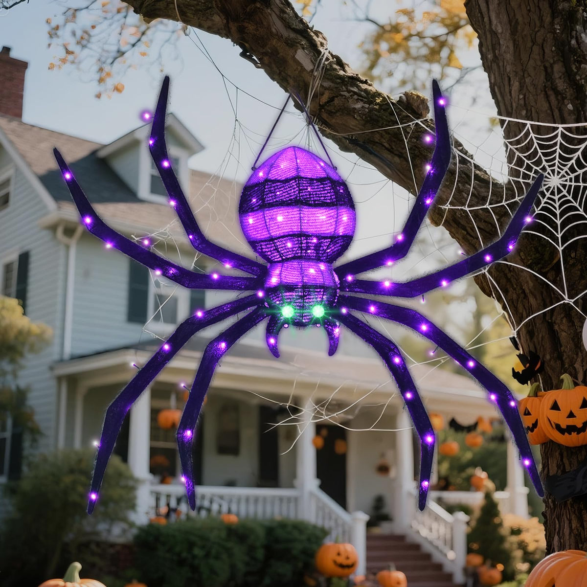 Halloween Decorations Outside Giant Spider - Hoyechi Outdoor Halloween Decor Lighted Spider 4.2Ft, Light Up Spider with 90 LED Lights, Ground Stakes, for Front Yard Porch Gardens Lawns Party