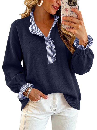 Ruffle Knit Collared Quarter Pullover