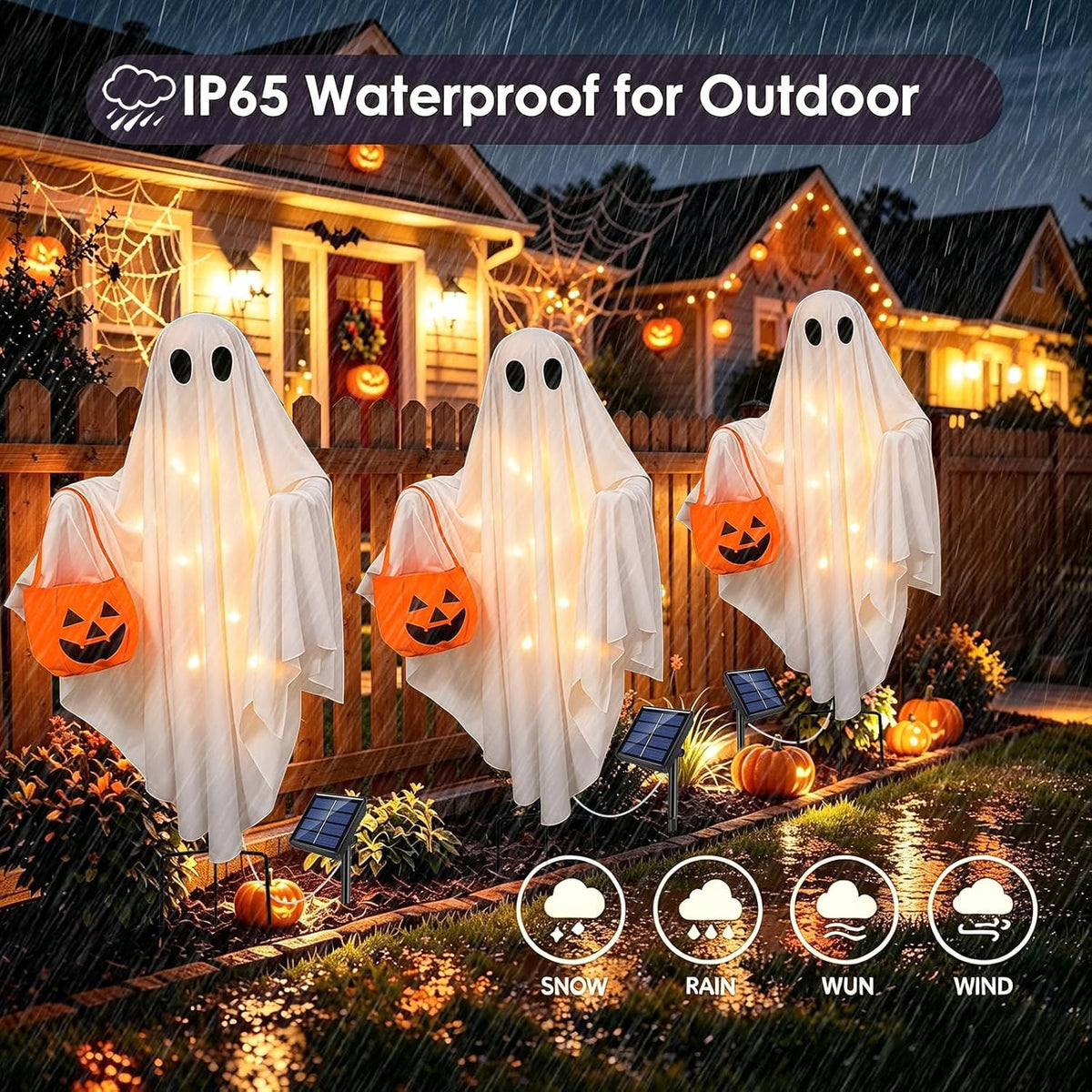 Solar Ghost Halloween Lights 2Pack Hanging Stake Yard Decor | Solar Glowing Ghost Decor, Rainproof, Dual Mount. Perfect Lawn Porch Decor for Halloween Fans