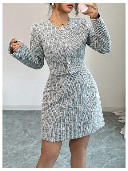 SOLY HUX Women's 2 Piece Plaid Long Sleeve Button Cropped Jacket Dress Set