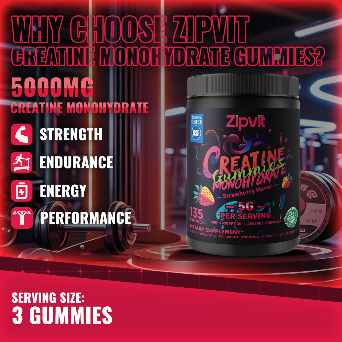 Creatine Monohydrate Gummies, Nsf Certified Creatine Gummy, 5g Dose for Men & Women to Support Muscle, Strength, Recovery, Cognitive Health & Memory, Pineapple Flavor, 135 Gummies
