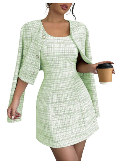 SOLY HUX Women's 2 Piece Plaid Long Sleeve Button Cropped Jacket Dress Set