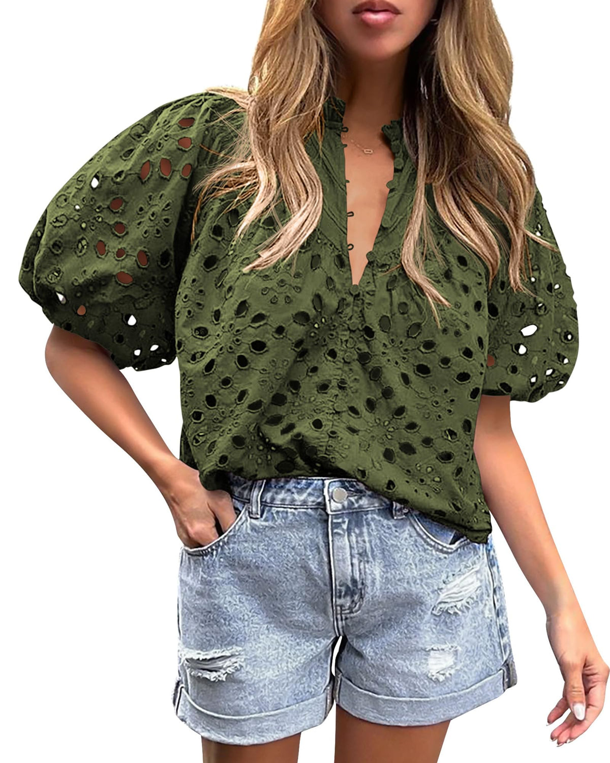 PRETTYGARDEN Womens Tops Boho Eyelet Puff Sleeve Blouse