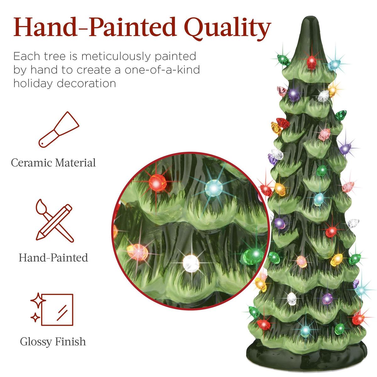 Best Choice Products Set of 3 Ceramic Christmas Trees, Pre-Lit Hand-Painted Tabletop Holiday Decoration W/Multicolor Bulbs, LED Lights – Green