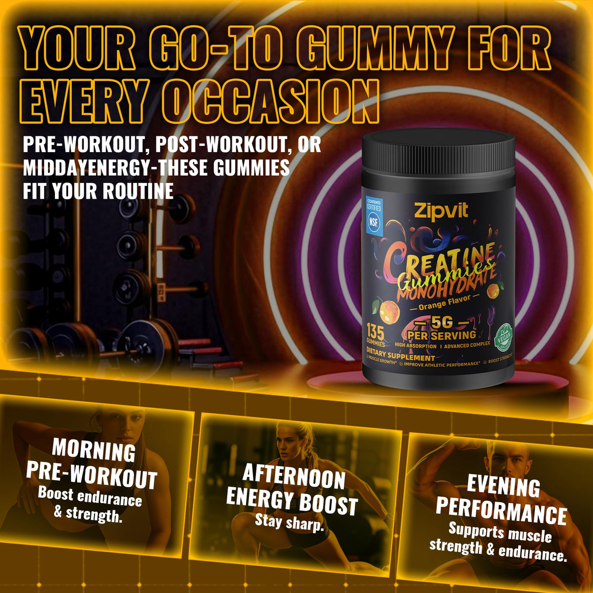 Creatine Monohydrate Gummies, Nsf Certified Creatine Gummy, 5g Dose for Men & Women to Support Muscle, Strength, Recovery, Cognitive Health & Memory, Pineapple Flavor, 135 Gummies
